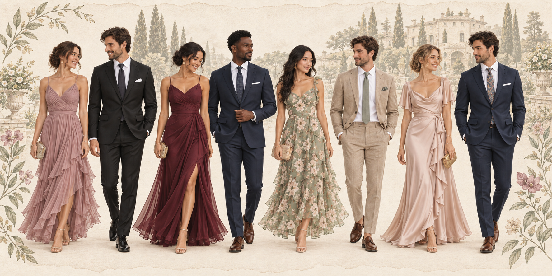 Formal wedding guest outfit inspiration in mauve, blush, burgundy, sage, navy, black, and tan